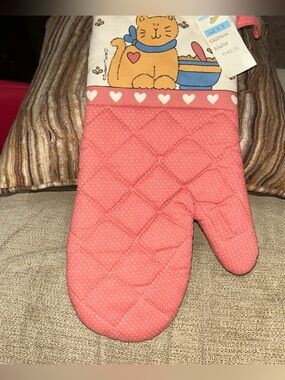 Vtg Cute Cat and Hearts Oven Mitt by Susan Marie in Coral Pink Trim, NWT